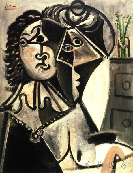 花瓶边的男人和女人，半身像