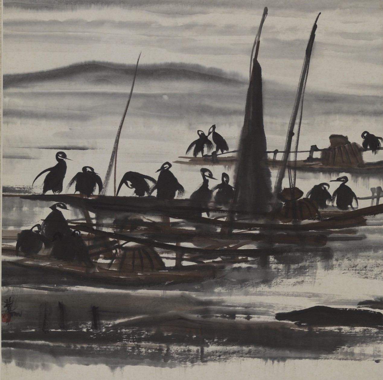 <h2>水上鱼鹰</h2><p>作者：林风眠</p><p>创作年代：1961年</p><p>规格：67cm×66cm</p><p>品类：中国画</p>